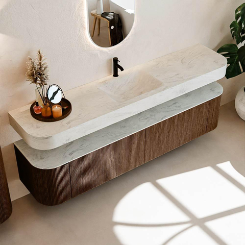 MONDIAZ THOR-DLUX 200cm meuble de salle de bains arrondi gauche + droite couleur Walnut avec 2 tiroirs et 2 portes. Vasque suspendue CLOUD Milieu 1 trou de robinet couleur Opalo. SW1466825