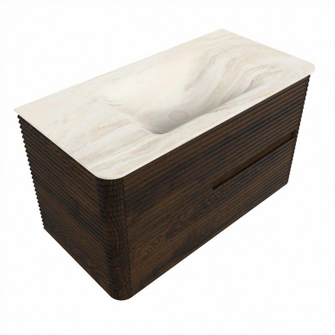 Mondiaz CIRO-DLUX Badkamermeubelset - 90x45x50cm - Solid surface wastafel Ostra - 1 wasbak Midden - zonder kraangaten - 2 lades - Walnut SW1530336