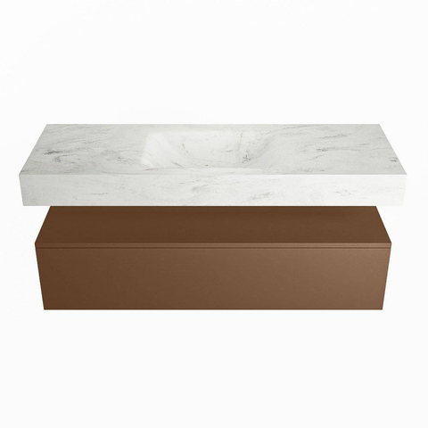 Mondiaz ALAN-DLUX Ensemble de meuble - 130cm - meuble Rust mat - 1 tiroir - Lavabo Cloud Opalo suspendu - vasque Centre - 0 trous de robinet SW806512