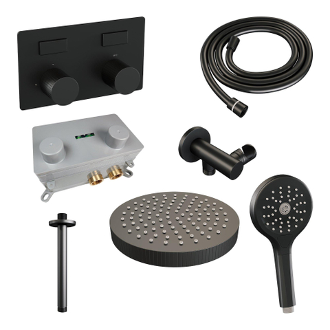 BRAUER Stripe Douche de tête thermostatique encastrée - boutons-poussoirs - SET 30 - pomme de douche 25cm - bras plafond - douchette 3 positions - flexible de douche - coude mural - noir mat SW1435157