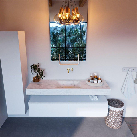 Mondiaz ALAN-DLUX Ensemble de meuble - 150cm - meuble Talc mat - 2 tiroirs - Lavabo Cloud Opalo suspendu - vasque Centre - 0 trous de robinet SW806358