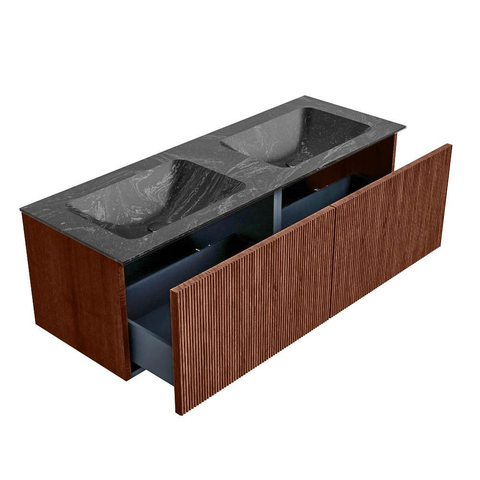 Mondiaz KURVE-DLUX Badkamermeubelset - 130x46x40cm - 2 lade - wastafel solid surface - dubbel - 2 kraangaten - Ruby SW1416011
