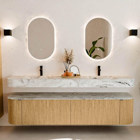 MONDIAZ THOR-DLUX 200cm meuble de salle de bains arrondi gauche + droite couleur Chêne avec 2 tiroirs et 2 portes. Vasque suspendue CLOUD Double 2 trous de robinet couleur Glace. SW1466939