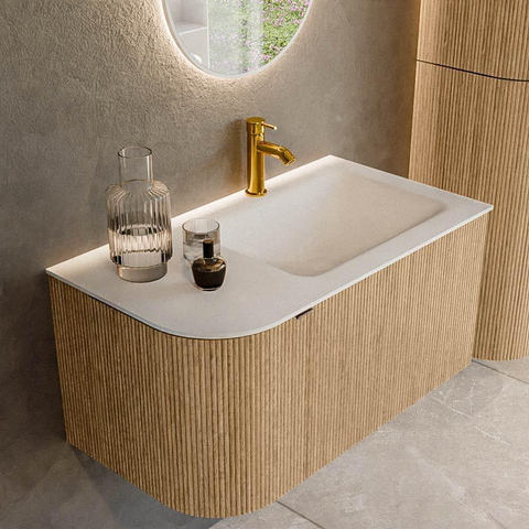 MONDIAZ KURVE Meuble de salle de bains 85 cm avec module 25 L couleur Oak avec 1 tiroir et 1 porte. Lavabo CLOUD droit 1 trou de robinet Talc. SW1138179