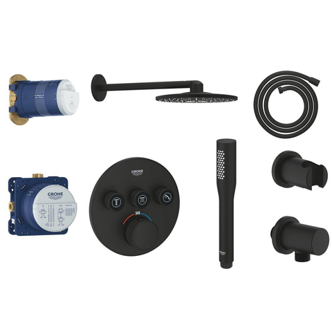 Grohe SmartControl ensemble de douche pluie encastré – thermostatique – douche de tête ronde Ø 31 cm – douchette bâton – noir mat SW1171092