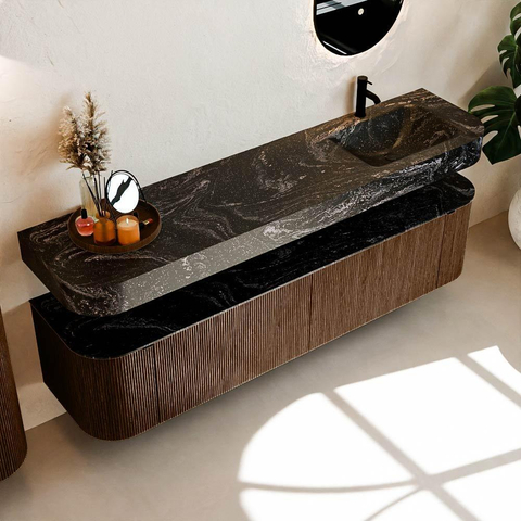 MONDIAZ THOR-DLUX Meuble de salle de bains - 190cm - arrondi gauche + droite - couleur Walnut - 2 tiroirs et 2 portes - Vasque suspendue CLOUD droite 1 trou de robinet - couleur Lava SW1466246