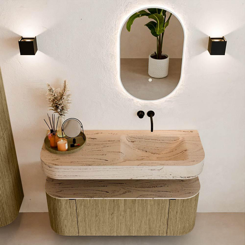 MONDIAZ THOR-DLUX 120cm meuble de salle de bains arrondi gauche + droite couleur Dusk avec 1 tiroir et 2 portes. Vasque suspendue CLOUD droite sans trou de robinet couleur Arena. SW1463408