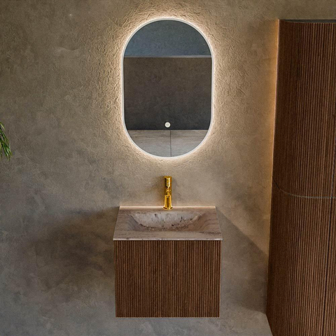 MONDIAZ KURVE-DLUX 50cm badmeubel kleur Walnut met 1 lade en 0 deuren. Wastafel GRUNNE Midden 1 kraangat Oza. SW1432706