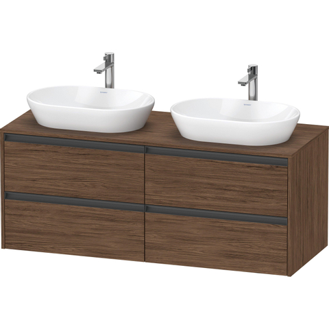 Duravit Ketho.2 Wastafelonderbouwkast - inclusief consoleplaat - met 4 laden - voor dubbele waskommen - 140x55x56.8cm - met handgrepen antraciet - donker noten mat SW772693