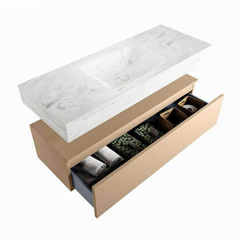Mondiaz ALAN-DLUX Ensemble de meuble - 120cm - meuble Oro mat - 1 tiroir - Lavabo Cloud Opalo suspendu - vasque Centre - 0 trous de robinet SW807100