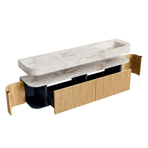 MONDIAZ THOR-DLUX 200cm meuble de salle de bains arrondi gauche + droite couleur Chêne avec 2 tiroirs et 2 portes. Vasque suspendue CLOUD Droite sans trou de robinet couleur Frappe. SW1466944