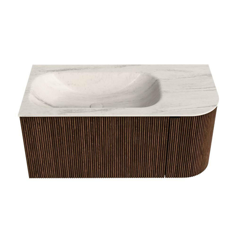 MONDIAZ KURVE-DLUX Meuble de salle de bains 95cm arrondi à droite couleur Walnut avec 1 tiroir et 1 porte. Lavabo BIG SMALL gauche sans trou de robinet Meli. SW1431658