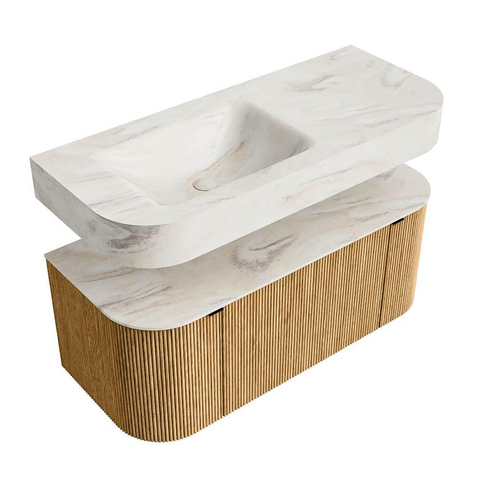 MONDIAZ THOR-DLUX 110cm badmeubel ronding links + rechts kleur Oak met 1 lade en 2 deuren. Vrijhangende wastafel CLOUD Links 1 kraangat kleur Ostra. SW1462760