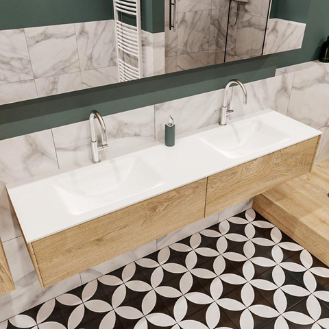 ENSEMBLE DE MEUBLE MONDIAZ LUSH - 180 cm - 2 tiroirs - lavabo cloud - 2 vasques - 2 trous de robinet - chêne blanchi SW409361
