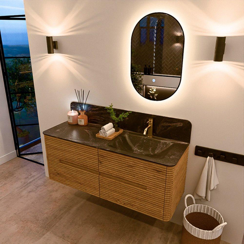 Mondiaz CIRO-DLUX Badkamermeubelset - 130x45x50cm - Solid surface wastafel Lava - 1 wasbak Rechts - 1 kraangat - 4 lades - Oak SW1531092