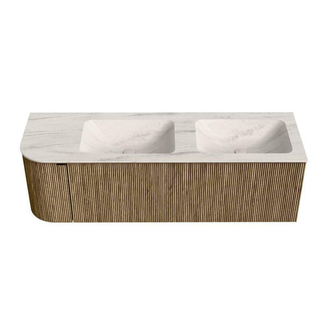 MONDIAZ KURVE-DLUX meuble de salle de bains 145cm arrondi à gauche couleur Dusk avec 1 tiroir et 1 porte. Lavabo LEAF Double / à droite 2 trous de robinet Meli. SW1431903