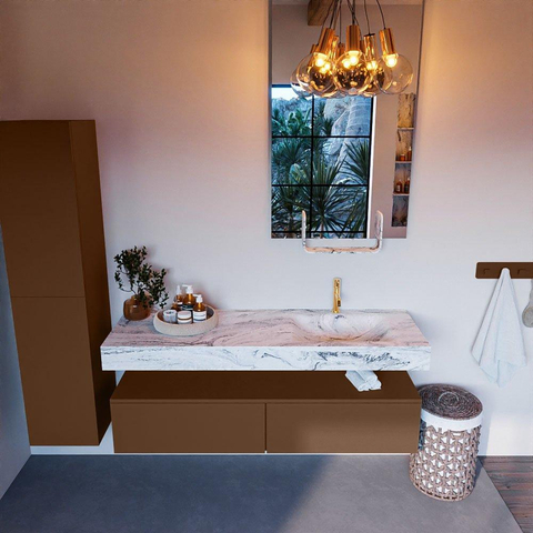 Mondiaz ALAN-DLUX Ensemble de meuble - 150cm - meuble Rust mat - 2 tiroirs - Lavabo Cloud Glace suspendu - vasque Droite - 1 trou de robinet SW806106