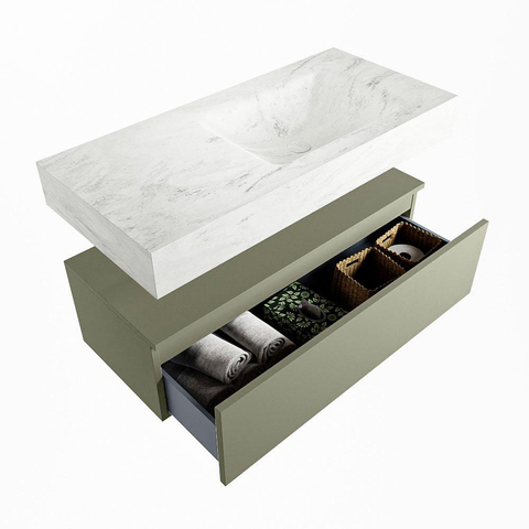 Mondiaz ALAN-DLUX Ensemble de meuble - 100cm - meuble Army mat - 1 tiroir - Lavabo Cloud Opalo suspendu - vasque Droite - 1 trou de robinet SW806861