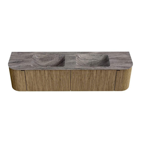 MONDIAZ KURVE-DLUX meuble de salle de bains 180cm arrondi gauche + droite couleur Dusk avec 2 tiroirs et 2 portes. Lavabo LEAF double 2 trous de robinet Oza. SW1433022