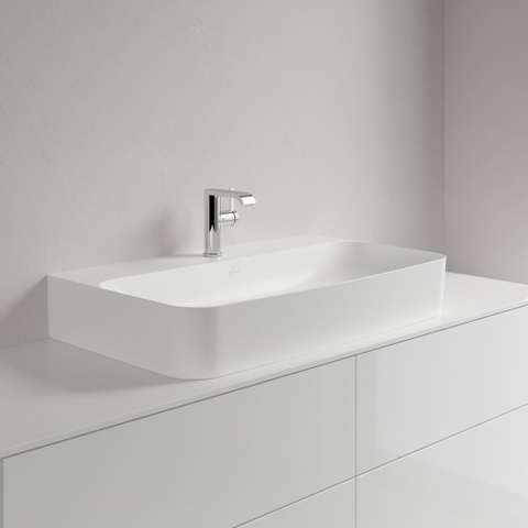 Villeroy & Boch finion wastafel onderzijde - geslepen - 1 kraangat - 80x47cm CeramicPlus - met verdekte overloop - Stone White (mat wit) SW209556