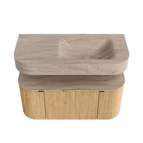 MONDIAZ THOR-DLUX 100cm badmeubel ronding links + rechts kleur Oak met 1 lade en 2 deuren. Vrijhangende wastafel CLOUD Rechts 1 kraangat kleur Saba. SW1467556