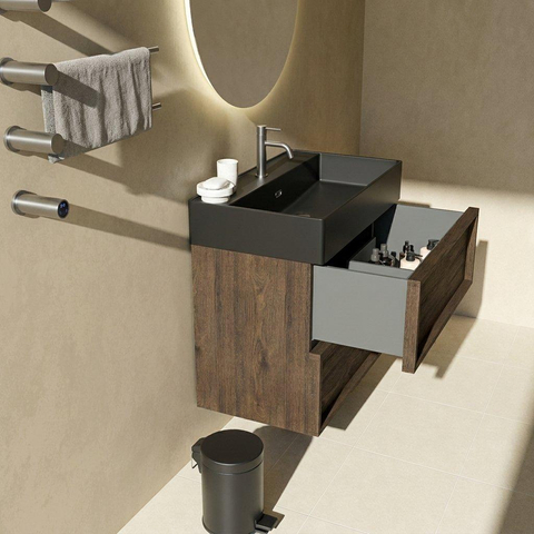 Saniclass Holz Frame Badkamermeubelset - 80x45x72cm - Legend keramische wastafel mat zwart - 1 wasbak - 1 kraangat - 2 lades - mat eiken charcoal (hout) SW1580098