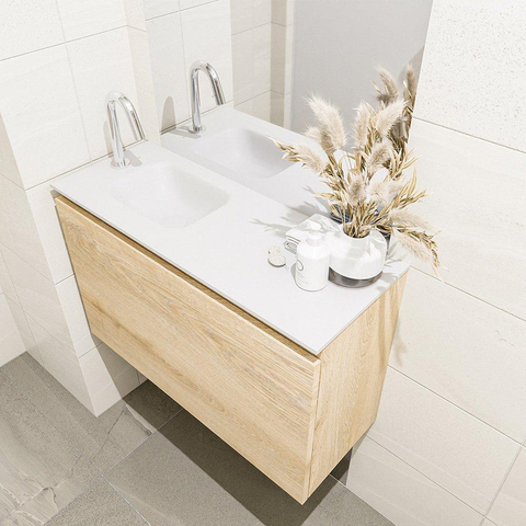 MONDIAZ OLAN Toiletmeubel 80x30x40cm met 1 kraangaten 1 lades washed oak mat Wastafel Lex links Solid Surface Wit SW473455