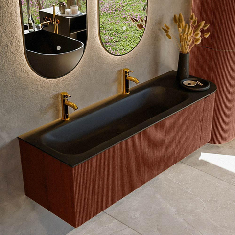 Mondiaz KURVE Ensemble de meubles de salle de bains - 145x46x40cm - 1 tiroir - 1 porte - vasque solid surface - gauche - 2 trous de robinetterie - Ruby SW1415352