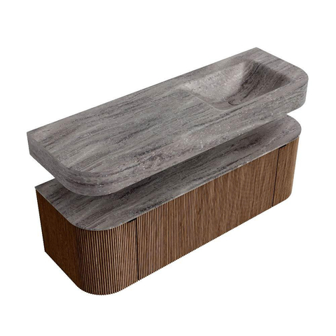 MONDIAZ THOR-DLUX 140cm meuble de salle de bains arrondi gauche + droite couleur Walnut avec 1 tiroir et 2 portes. Vasque suspendue CLOUD Droite sans trou de robinet couleur Oza. SW1464268