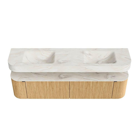 MONDIAZ THOR-DLUX Meuble de salle de bains - 190cm - arrondi gauche + droite - couleur Oak - 2 tiroirs et 2 portes - Vasque suspendue CLOUD Double sans trou de robinet - couleur Ostra SW1466388