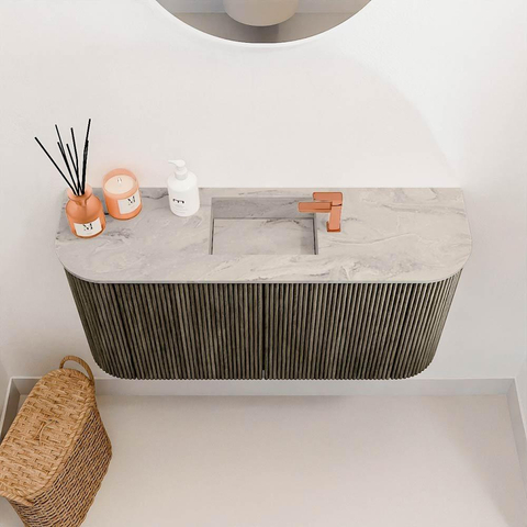 Mondiaz JOYA-DLUX 83.2cm meuble de salle de bains - arrondis gauche et droite couleur Shadow - Vasque FAYE position Milieu 1 trou de robinet couleur Glace. SW1422800