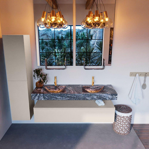 Mondiaz ALAN-DLUX Ensemble de meuble - 150cm - meuble Linen mat - 1 tiroir - Lavabo Cloud Lava suspendu - vasque Gauche et droite - 2 trous de robinet SW808114