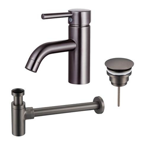 FortiFura Calvi Kit mitigeur lavabo - robinet bas - bonde nonobturable - siphon design - PVD Gunmetal SW911762