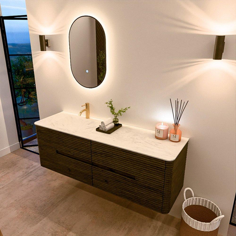 Mondiaz CIRO-DLUX Meuble de salle de bains - 150x45x50cm - Vasque solid surface Opalo - 1 lavabo à gauche - 1 trou de robinet - 4 tiroirs - Shadow SW1532411