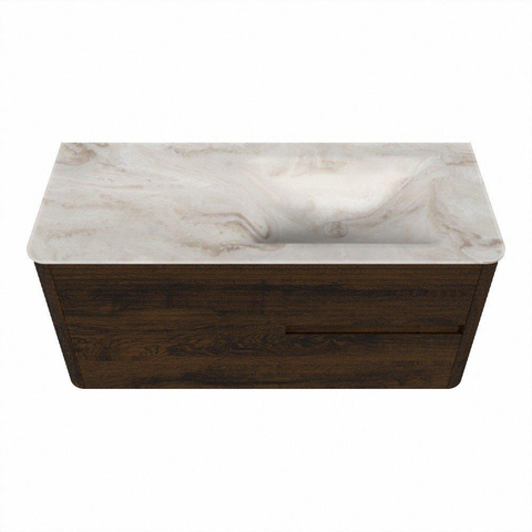 Mondiaz CIRO-DLUX Meuble de salle de bains - 110x45x50cm - Plan vasque solid surface Frappe - 1 vasque à droite - 1 trou de robinet - 2 tiroirs - Noyer SW1530324