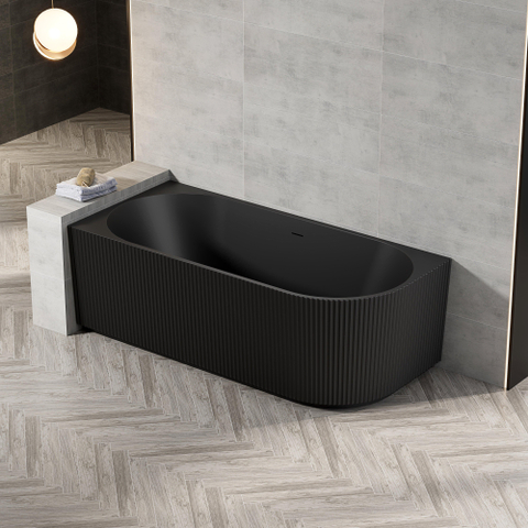 Zeza Nuo Half Vrijstaand Bad - 170x80x58cm - links - ribbel - met afvoer - mat zwart OUTLETSTORE STORE43169
