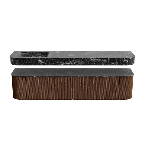 MONDIAZ THOR-DLUX 200cm badmeubel ronding links + rechts kleur Walnut met 2 lades en 2 deuren. Vrijhangende wastafel CLOUD Links 1 kraangat kleur Lava. SW1467007