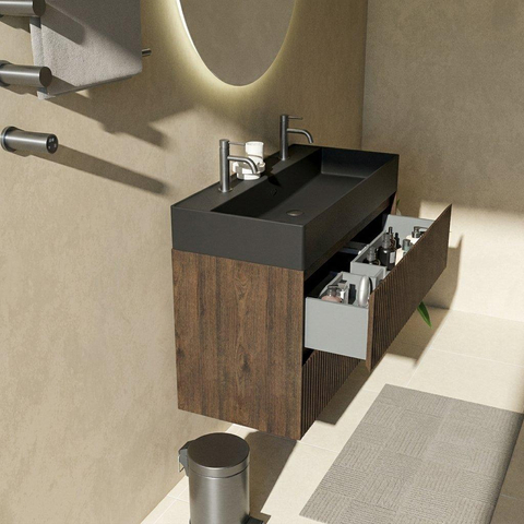 Saniclass Holz Atelier Badkamermeubelset - 100x45x72cm - Legend keramische wastafel mat zwart - 1 wasbak - 2 kraangaten - 2 lades - mat eiken charcoal (hout) SW1579640