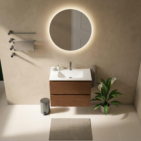 Saniclass Holz Pure Ensemble meuble de salle de bains - 80x45x61.5cm - Flow lavabo en solid surface blanc - 1 vasque - 1 trou de robinetterie - 2 tiroirs - noyer pure mat (bois) SW1478391