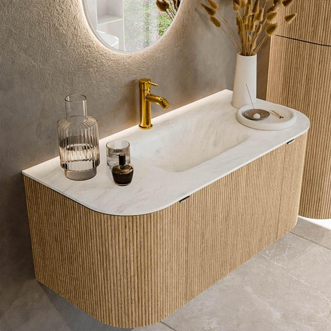 MONDIAZ KURVE-DLUX Meuble de salle de bains 100cm avec module 25 Len R couleur Chêne avec 1 tiroir et 2 portes. Lavabo GRUNNE central 1 trou de robinet couleur Opalo. SW1137530