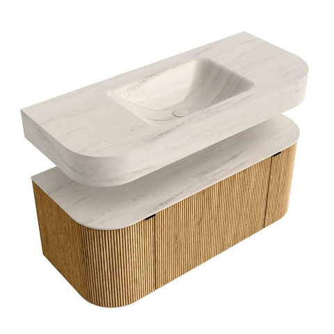 MONDIAZ THOR-DLUX 110cm badmeubel ronding links + rechts kleur Oak met 1 lade en 2 deuren. Vrijhangende wastafel CLOUD Midden zonder kraangat kleur Meli. SW1462898