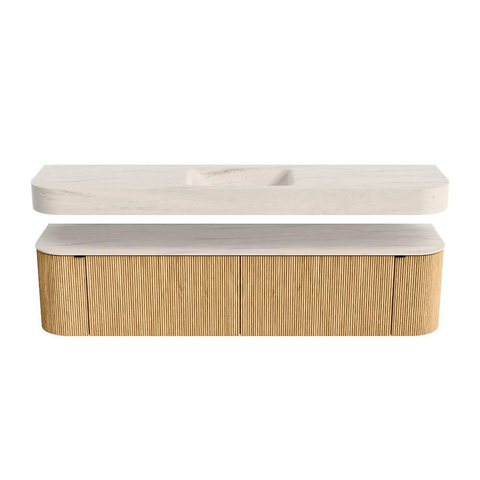 MONDIAZ THOR-DLUX 190cm meuble de salle de bains arrondi gauche + droite couleur Oak avec 2 tiroirs et 2 portes. Vasque suspendue CLOUD Milieu sans trou de robinet couleur Meli. SW1466630