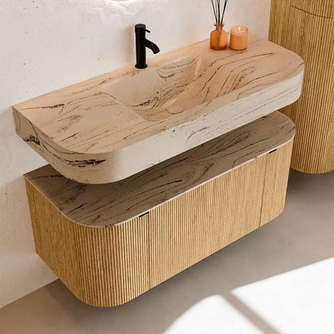 MONDIAZ THOR-DLUX 110cm badmeubel ronding links + rechts kleur Oak met 1 lade en 2 deuren. Vrijhangende wastafel CLOUD Midden 1 kraangat kleur Arena. SW1462706