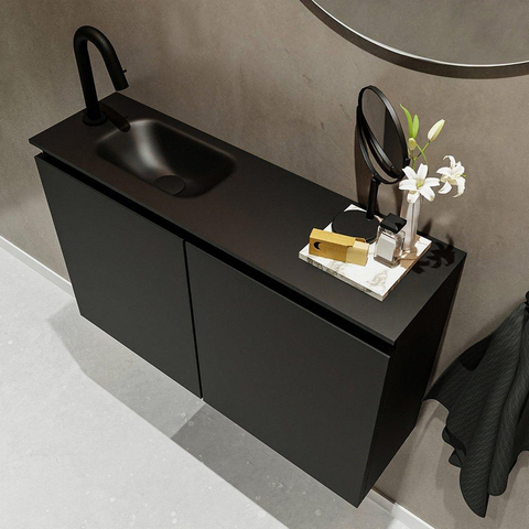 MONDIAZ TURE Kit lave-mains - 80x23x50cm - 1 trou de robinet - 2 portes - urban mat - Lavabo à gauche - Solid Surface Noir SW475257