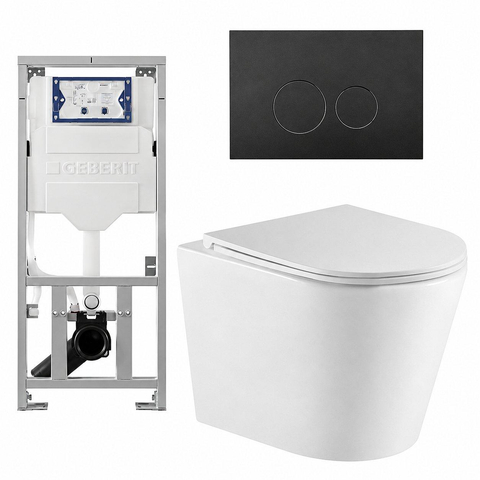 QeramiQ Dely Toiletset - 36.3x51.7cm - diepspoel - rimless - Geberit UP320 inbouwreservoir - met Burda frame - softclose toiletzitting - mat zwarte bedieningsplaat - ronde knoppen - mat wit SW804605