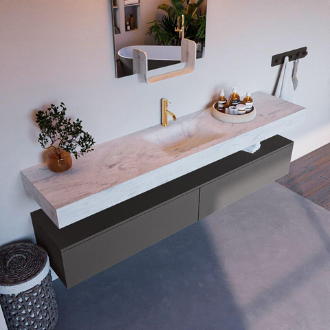 Mondiaz ALAN-DLUX Ensemble de meuble - 200cm - meuble Dark grey mat - 2 tiroirs - Lavabo Cloud Opalo suspendu - vasque Centre - 1 trou de robinet SW806444