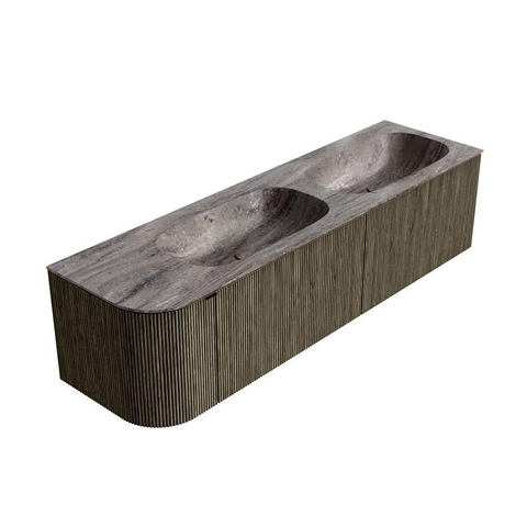 MONDIAZ KURVE-DLUX Meuble de salle de bains 165cm arrondi à gauche couleur Shadow avec 2 tiroirs et 1 porte. Lavabo STOR SMALL Double / à droite sans trou de robinet Oza. SW1432927