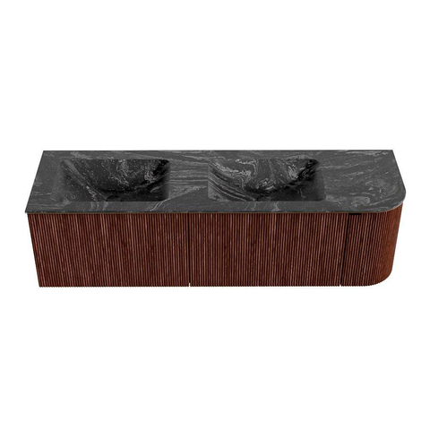 Mondiaz KURVE-DLUX Ensemble de meuble de salle de bains - 155x46x40cm - 2 tiroirs - 1 porte - lavabo solid surface - double / gauche - sans trou de robinet - Ruby SW1416007