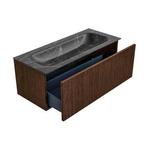 MONDIAZ KURVE-DLUX 110cm badmeubel kleur Walnut met 1 lade. Wastafel BIG MEDIUM midden zonder kraangat kleur Lava. SW1137234