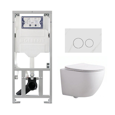 QeramiQ Dely Swirl Compact Toiletset - inbouwreservoir Geberit UP320 - met Burda frame - slim zitting - natuurstenen bedieningsplaat marmer wit - ronde knoppen - glans wit SW1592306